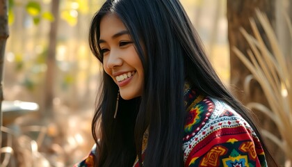 A happy Indigenous woman with long dark hair, wearing traditional dress with vibrant patterns, smiling softly