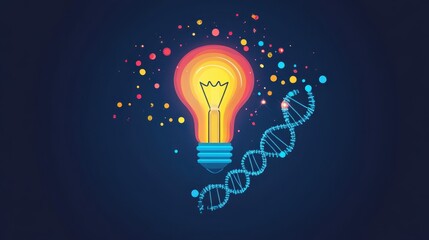 Poster - Light bulb with DNA strand, representing genetic growth of ideas, flat design illustration, copy space 