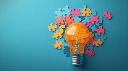 Poster - Light bulb with puzzle pieces, solving problems leading to growth, flat design illustration, copy space 