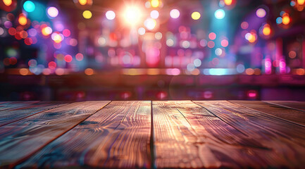 Poster - Empty wooden table with empty disco club on blurred background. Generative AI.