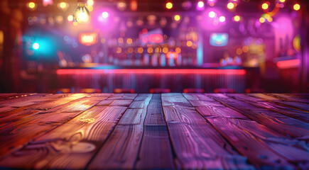 Poster - Empty wooden table with empty disco club on blurred background. Generative AI.