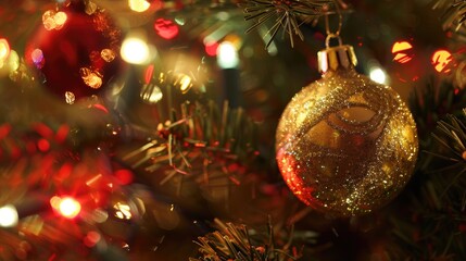 Sticker - Gold ball and light bulb ornaments on a Christmas tree