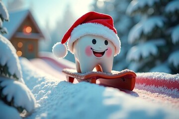 Cheerful Tooth with Santa Hat Playing Guitar in Snowy Winter Scene