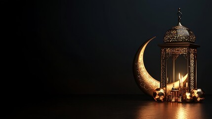 Wall Mural - Golden Ramadan Lantern with a Crescent Moon