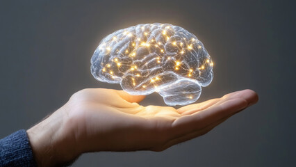 Poster - Innovative depiction of a glowing digital brain resting above a hand, symbolizing the future of AI