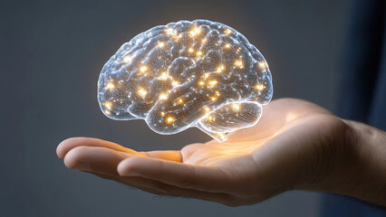 Poster - Futuristic concept of a glowing digital brain floating above a person's hand, symbolizing AI and innovation