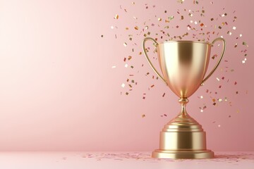golden trophy with confetti celebration on pink background