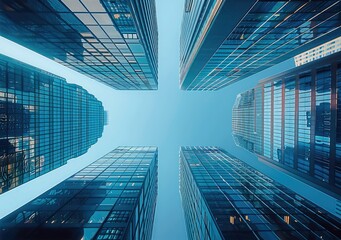 Poster - In the sky, tall buildings stand in an orderly row against a clear blue background. The skyscrapers have glass facades that reflect sunlight and create a modern urban landscape. Looking up from below.