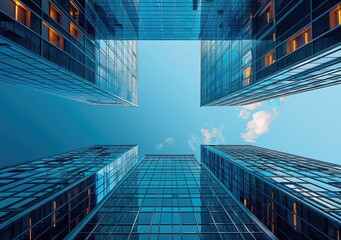 Poster - In the sky, tall buildings stand in an orderly row against a clear blue background. The skyscrapers have glass facades that reflect sunlight and create a modern urban landscape. Looking up from below.