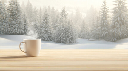 steaming cup of hot coffee sits on a wooden table, exuding warmth and comfort. The rising steam creates a cozy, inviting atmosphere, symbolizing relaxation, tranquility, and a peaceful moment of refle