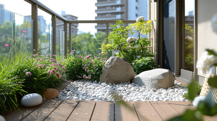 Poster - A small Japanese-style garden is located on the balcony of apartment building, with white rocks and green plants placed in it. The wooden floor is covered in lush grasses, creating a fresh atmosphere.