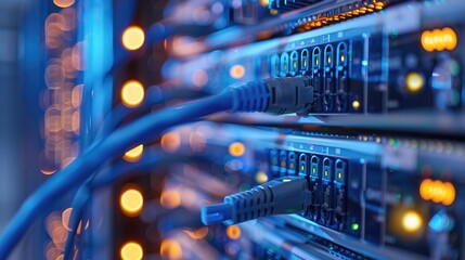 Internet LAN cable In a modern server room For storing and transmitting information through a secure internet technology network