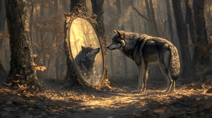 Wall Mural - Wolf Reflection in the Forest.