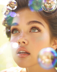 Wall Mural - Bright and colorful portrait of a woman gazing upwards surrounded by sparkling bubbles against a light-filled background. Magical and vibrant beauty concept.