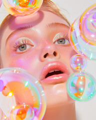 Wall Mural - Close-up of a woman's face surrounded by glowing bubbles against a bright background. Radiant and dreamy beauty concept with a hint of fantasy.