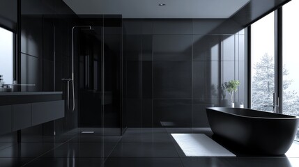 Wall Mural - Sleek modern black bathroom with a stunning monochromatic design and minimalist traits