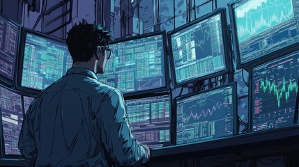 Poster - A Man Monitoring Stock Market Data on Multiple Computer Screens