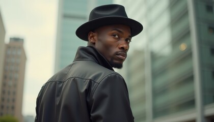 Stylish young Black man in a leather jacket and black hat glancing back in an urban setting.