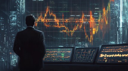Poster - Businessman Looking at Stock Market Data on Monitors in a City at Night