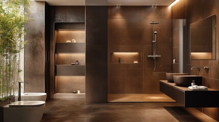 Wall Mural - Sleek modern brown bathroom with a stunning monochromatic design and minimalist traits