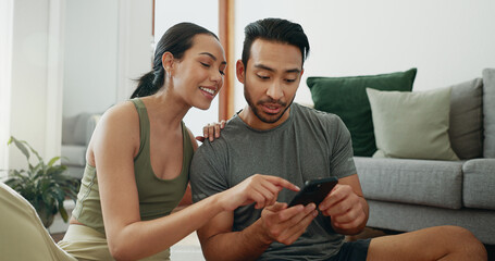 Aufkleber - Online shopping, phone and happy couple talking in home for social media, choice and payment. Man, woman and mobile in living room for conversation, account review and check credit score on internet