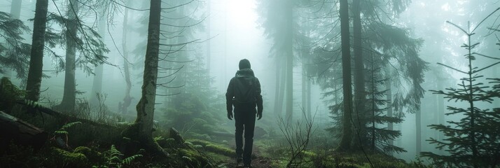 Poster - Silhouette of a trekker amidst foggy forest surroundings