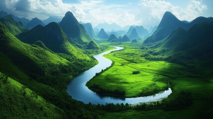 Sticker - Serene River Valley in Lush Green Mountains