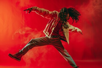 A dancer performs dynamic movements against a bright red background