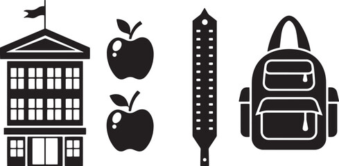 A minimalist vector icon set featuring a school building, backpack, ruler, and apple