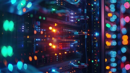 A close-up of a server rack with blinking lights and network cables in a data center.