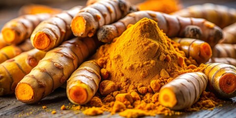 Wall Mural - Vibrant close-up photo of fresh tumeric root , spice, ingredient, cooking, healthy, yellow, herb, plant