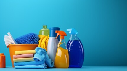 cleaning product on a colored background side view. Professional cleaning products, spring cleaning. Neural network ai generated art