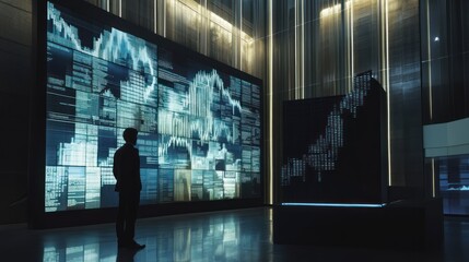 Sticker - A Man Stands Before a Wall of Digital Data in a Dark Room