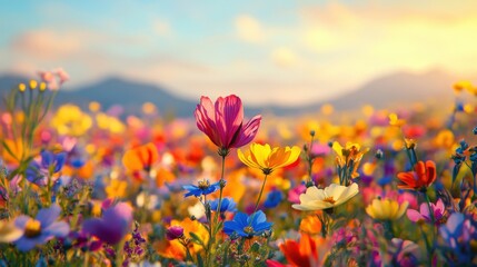 experience the vibrant colors of a wildflower field in full bloom, creating a kaleidoscope of hues a