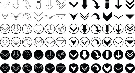 Poster - Down arrows icons Set. scroll illustration signs. Animation of arrow bouncing as it slide down. Graphic line, flat designs elements pictogram Suitable for apps and websites on transparent background.