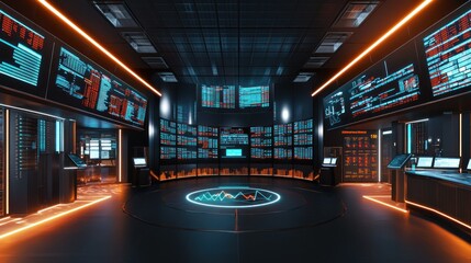 Poster - Futuristic Control Room with Digital Screens and Neon Lights