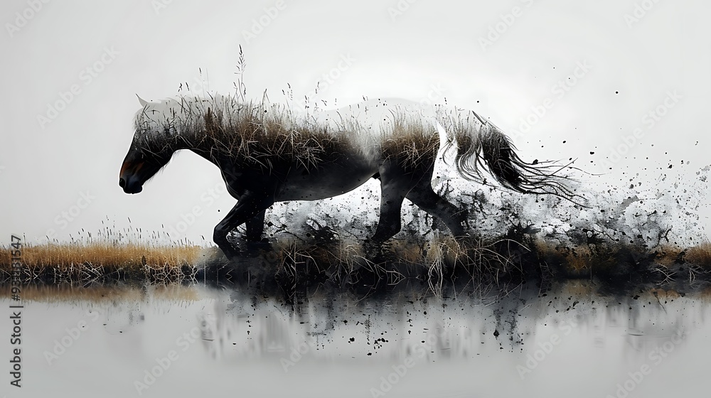 A double exposure of a horse galloping freely, its mane seamlessly ...