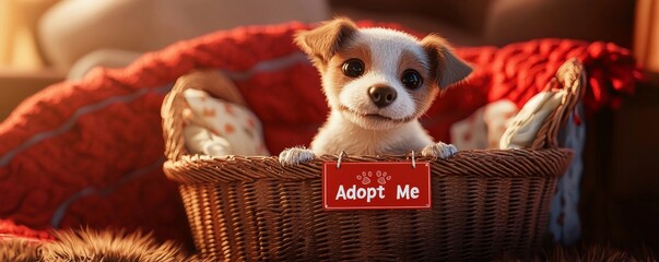 A cute puppy with an adopt me sign, resting in a cozy basket. Perfect for adoption campaigns and pet care visuals.