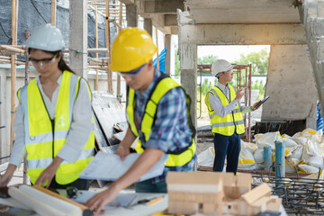 Wall Mural - Group architect team on construction site inspection documents and business workflow in the morning.