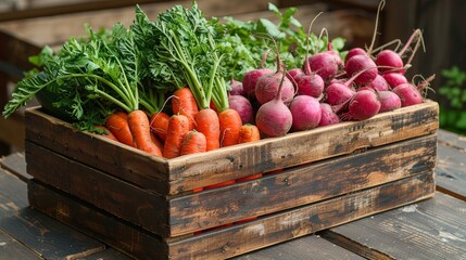 Freshly harvested carrots and radishes in a wooden crate on a rustic table