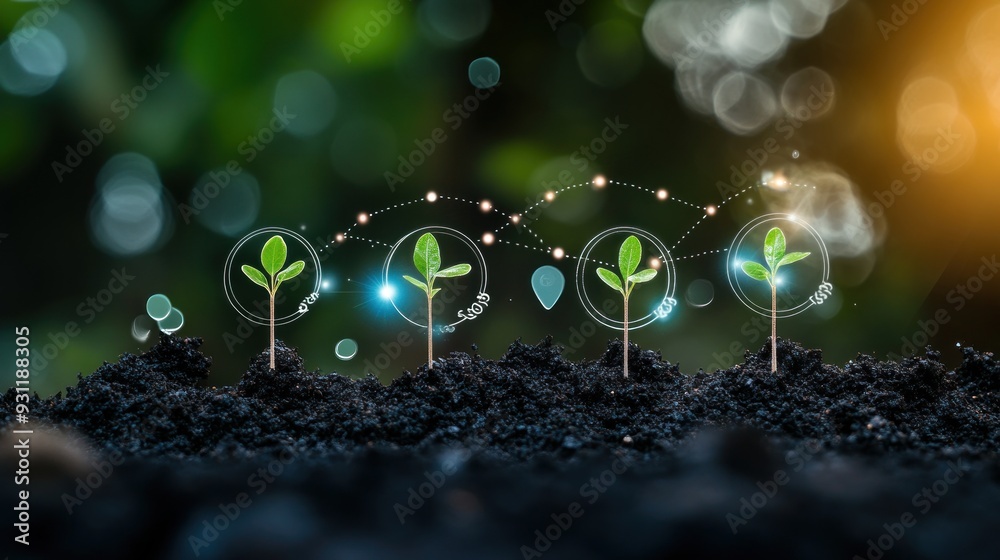 Five stages of plant growth depicted as glowing icons connected by ...