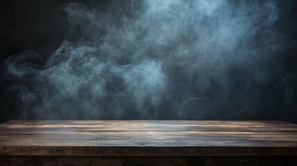 Wall Mural - Empty table with a faint haze of smoke rising set against a dark shadowy background