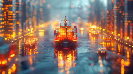 Sticker - Cargo Ship in Bokeh City 3D Illustration