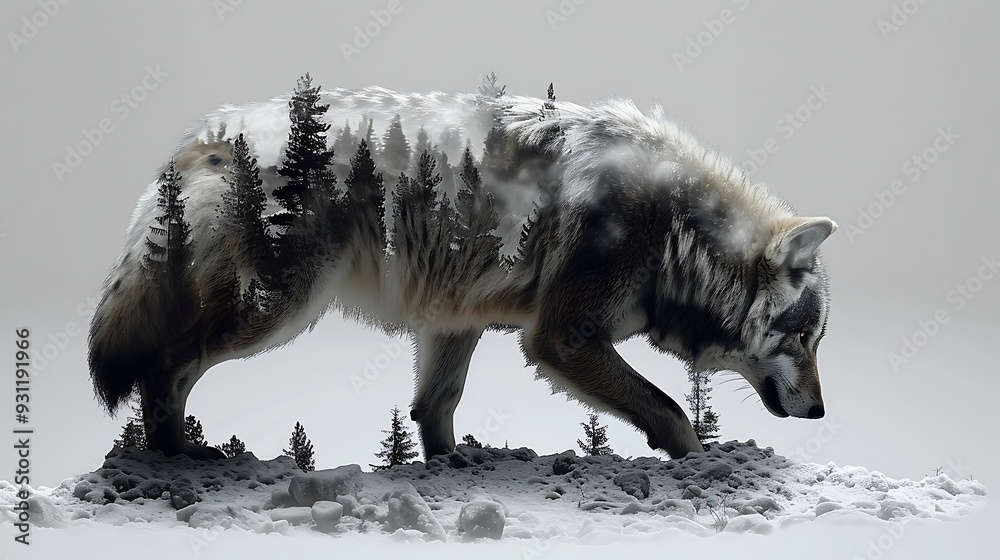 Double exposure of a wolf in mid-howl, blending with the rugged ...