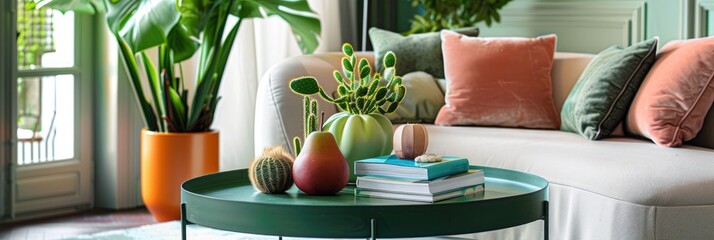 Poster - Luminous living space featuring a book and prickly pears on a green metal side table