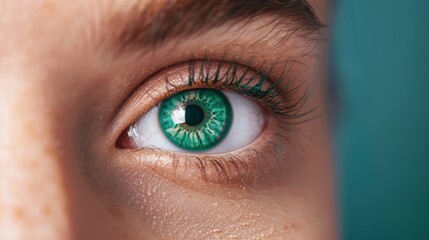 A close-up photograph of a green eye, captured in a minimalist style with an empty background, offering generous copy space for text or design elements.