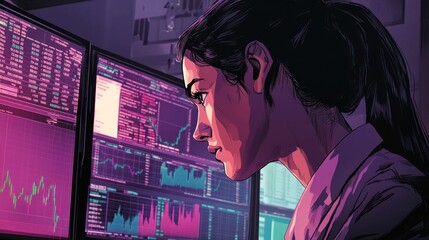 Poster - Woman Concentrating on Stock Market Data on Multiple Computer Screens