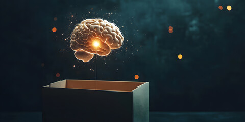 brain idea out of the box pulsating with electrical energy, surrounded by swirling light and cosmic 