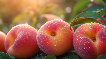 Wall Mural - Ripe juicy peaches in a tent. An advertising photo.