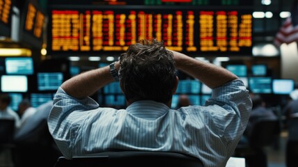 Poster - Man Sitting with Hands Behind Head in Front of Stock Ticker